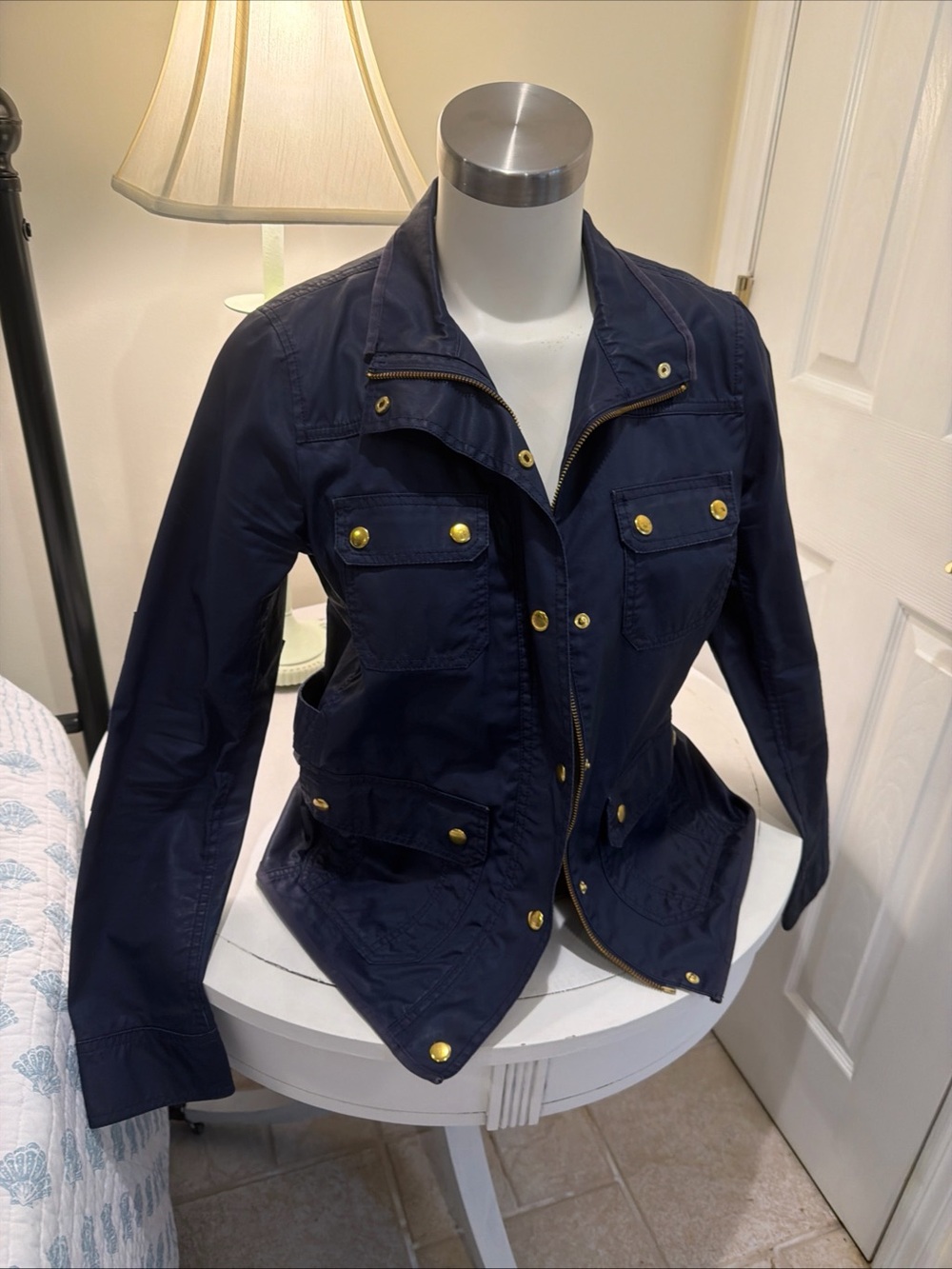 J. Crew Navy Downtown Utility Jacket with Gold-Tone Hardware waxed finish